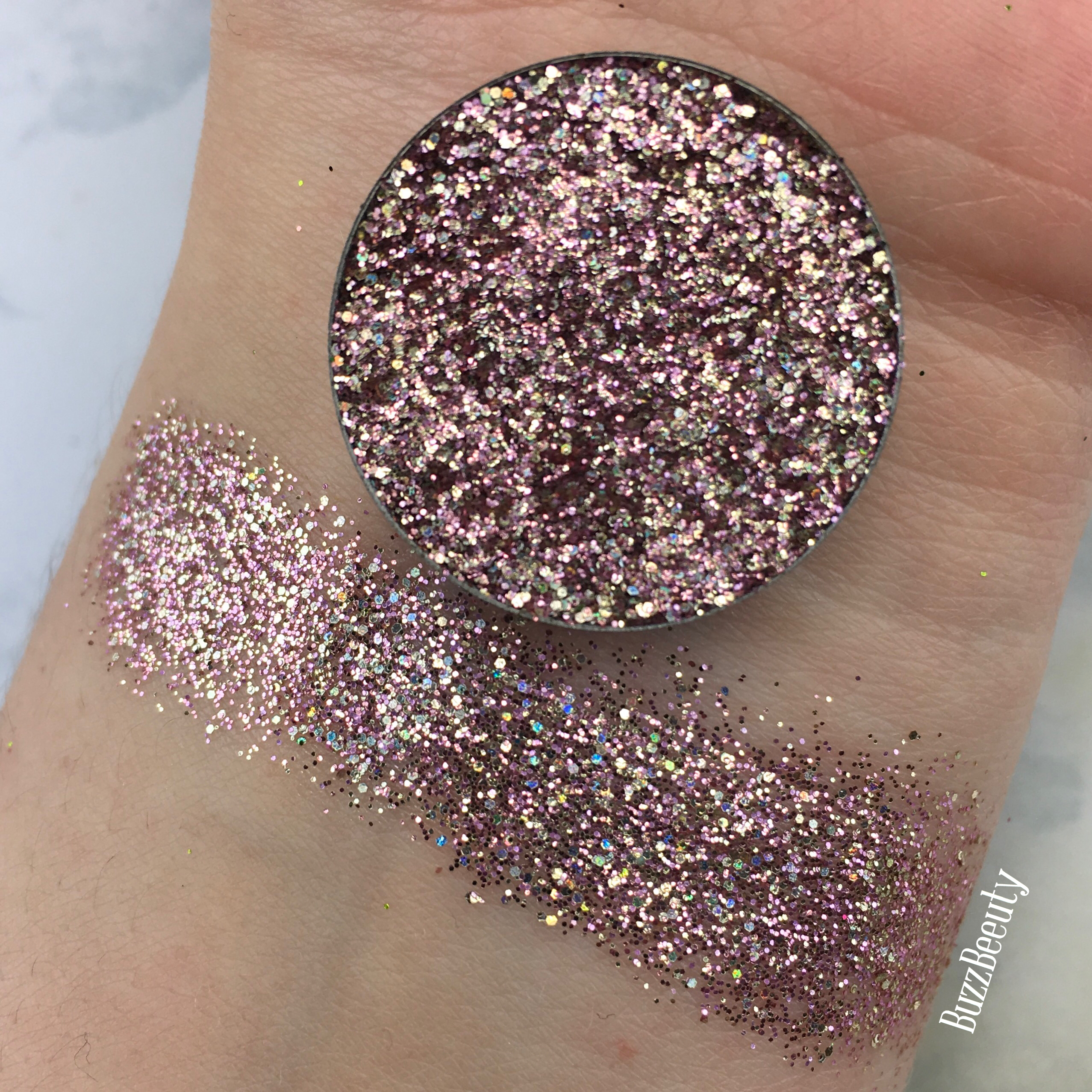 Dear Katie Brown Pressed Glitter Swatch in Christina. Rose Gold with holographic glitters.