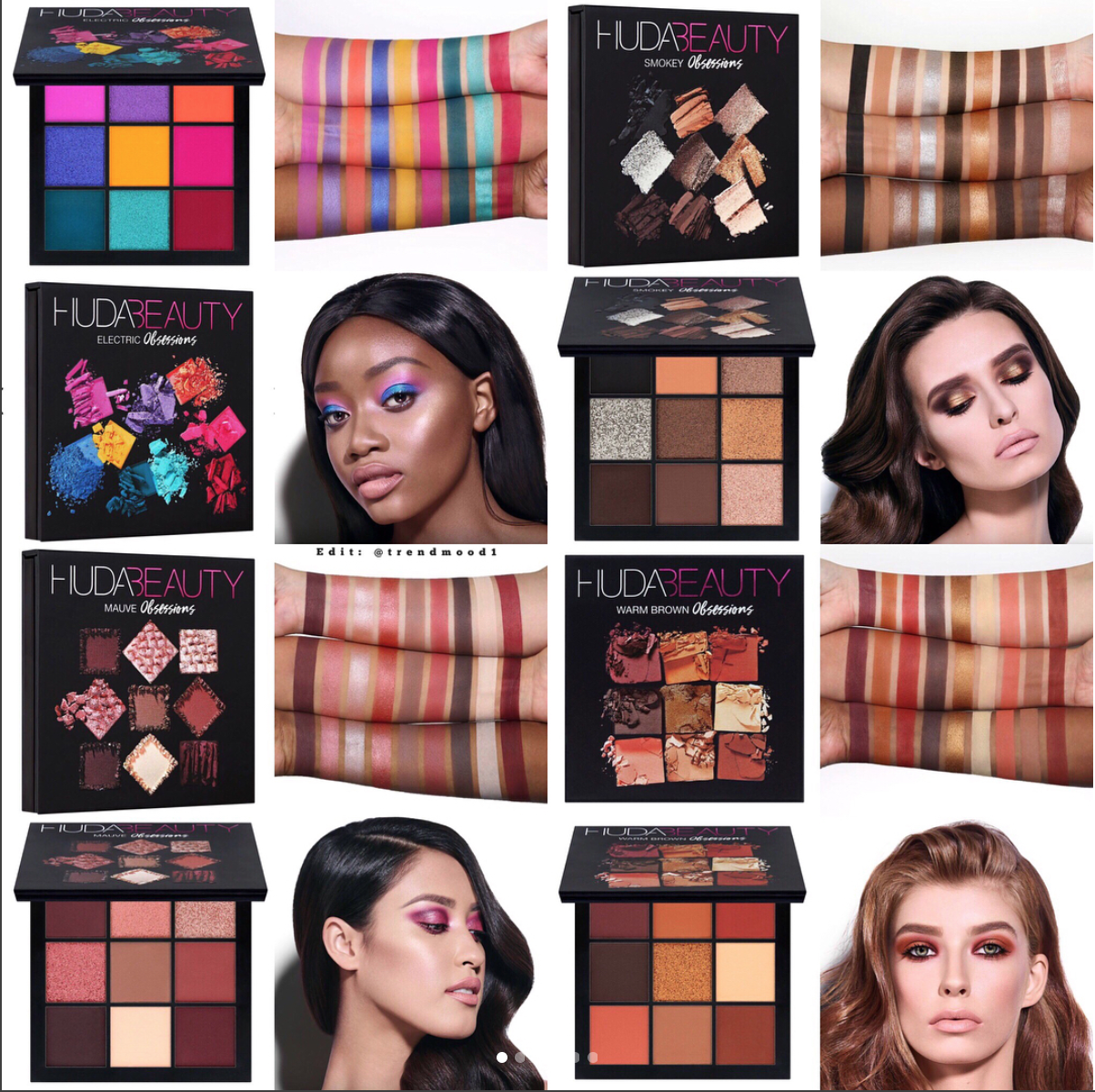 Huda Beauty Mini Eyeshadow palette swatches. Electric Obsession, Warm Brown Obsession, Smokey Obsession, and Mauve Obsession palettes.